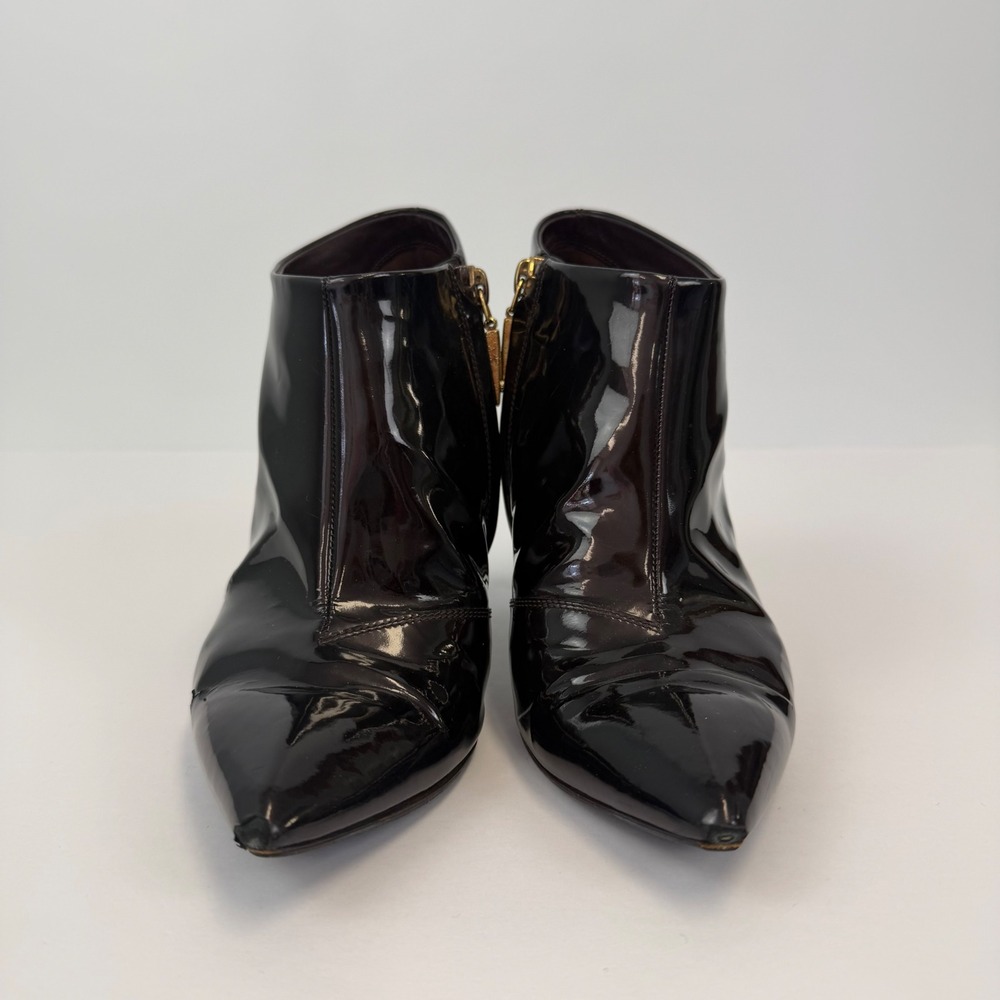 Louis Vuitton Patent Leather Ankle Boots 36.5 Black Pointed Gold‎ Zip Heels - Picture 2 of 12